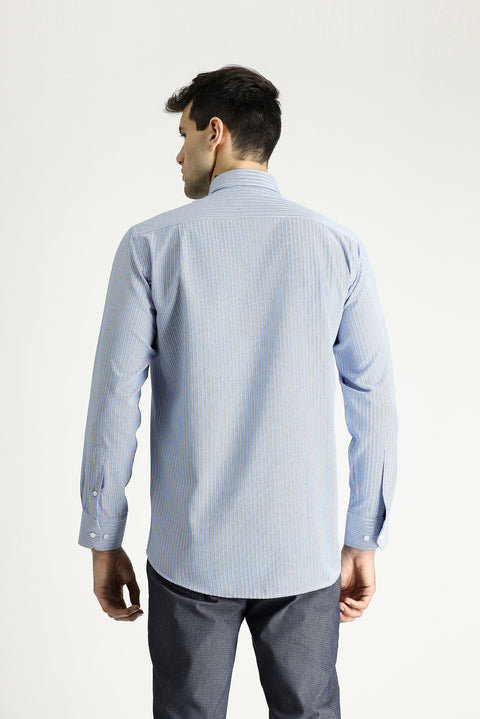 Light Blue Long Sleeve Regular Fit Striped Cotton Easy-Iron Shirt