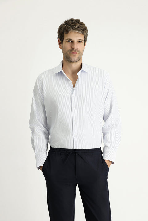 Light Blue Long Sleeve Classic Striped Cotton Easy-Iron Shirt