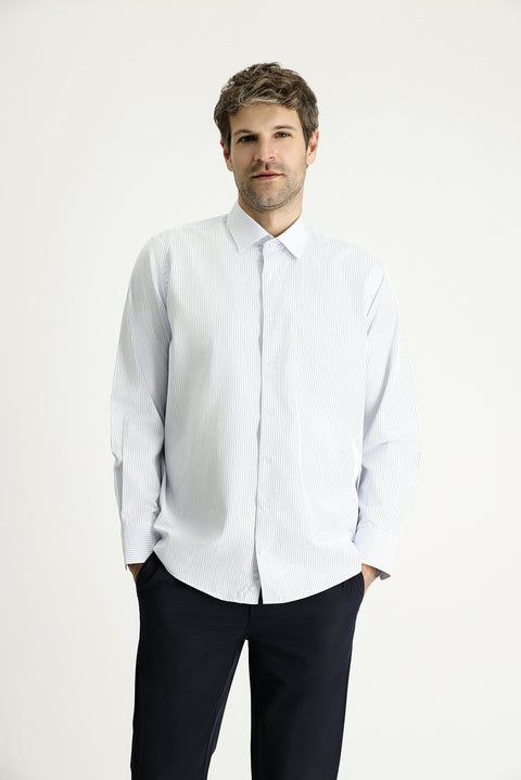 Light Blue Long Sleeve Classic Striped Cotton Easy-Iron Shirt