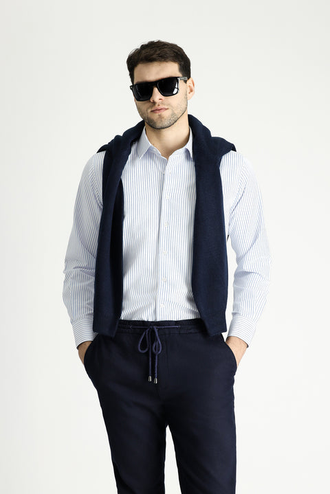 Light Blue Long Sleeve Classic Striped Cotton Easy-Iron Shirt