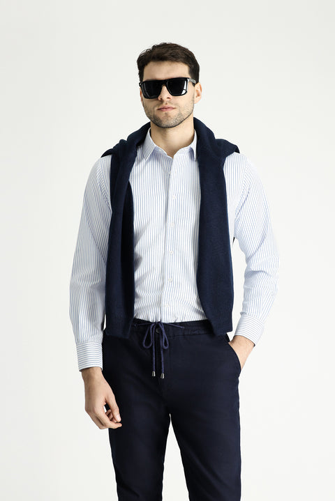 Light Blue Long Sleeve Classic Striped Cotton Easy-Iron Shirt
