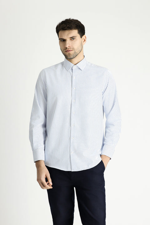 Light Blue Long Sleeve Classic Striped Cotton Easy-Iron Shirt