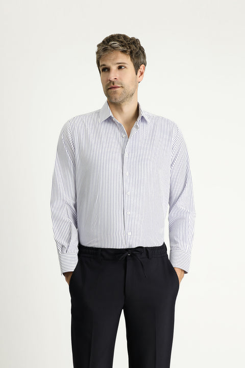 Dark Blue Long Sleeve Classic Striped Cotton Easy-Iron Shirt