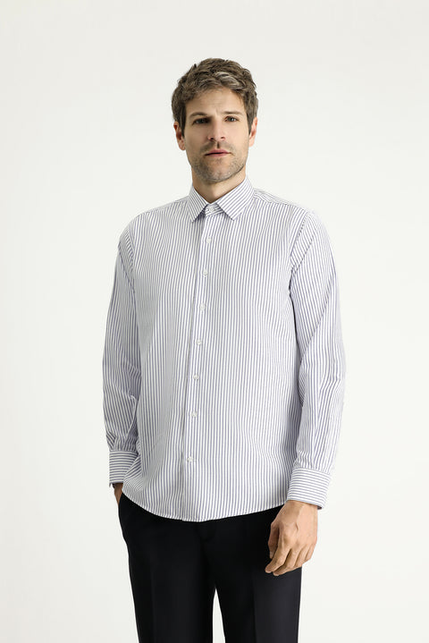Dark Blue Long Sleeve Classic Striped Cotton Easy-Iron Shirt