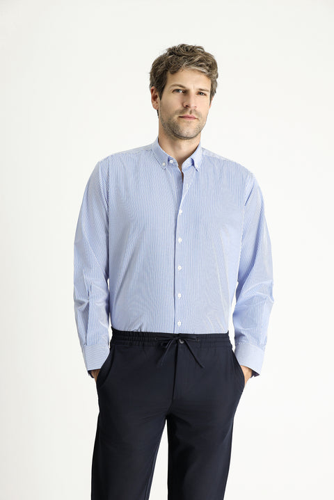 Sky Blue Long Sleeve Regular Fit Striped Cotton Easy-Iron Shirt