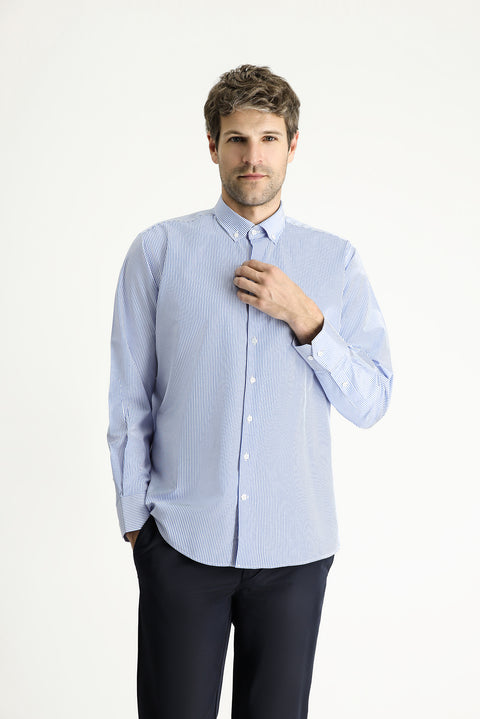Sky Blue Long Sleeve Regular Fit Striped Cotton Easy-Iron Shirt