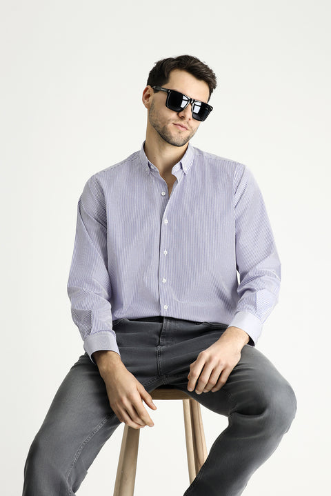 Dark Blue Long Sleeve Regular Fit Striped Cotton Easy-Iron Shirt