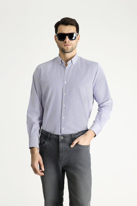 Dark Blue Long Sleeve Regular Fit Striped Cotton Easy-Iron Shirt