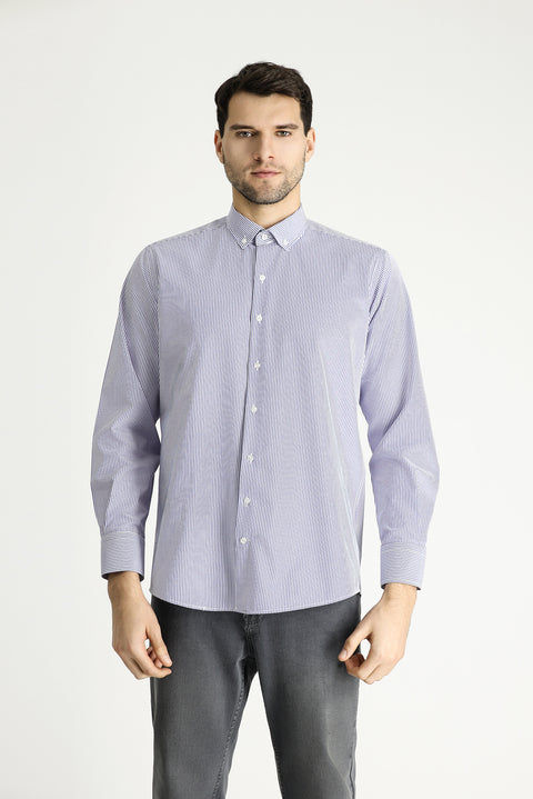 Dark Blue Long Sleeve Regular Fit Striped Cotton Easy-Iron Shirt