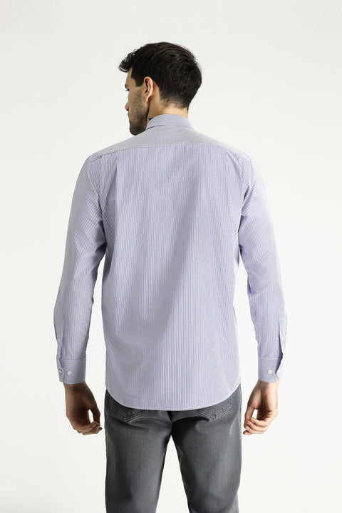 Dark Blue Long Sleeve Regular Fit Striped Cotton Easy-Iron Shirt