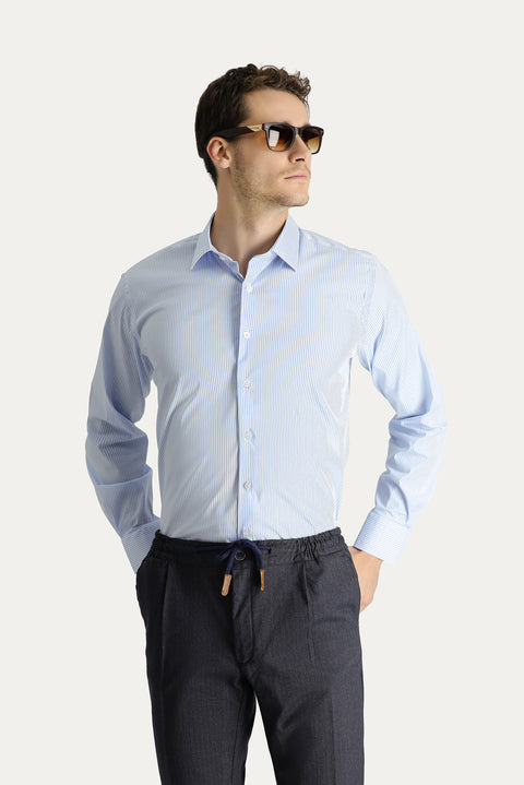 Light Blue Long Sleeve Classic Striped Cotton Shirt