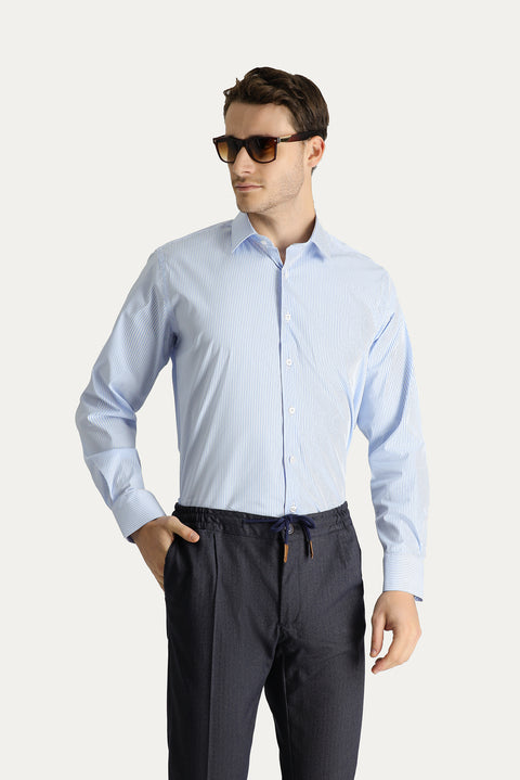 Light Blue Long Sleeve Classic Striped Cotton Shirt