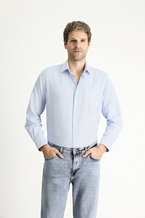 Light Blue Long Sleeve Regular Fit Plaid Cotton Easy-Iron Shirt