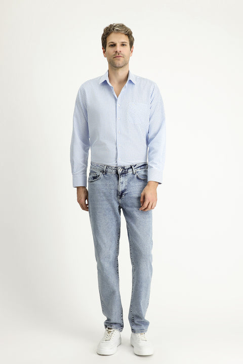 Light Blue Long Sleeve Regular Fit Plaid Cotton Easy-Iron Shirt