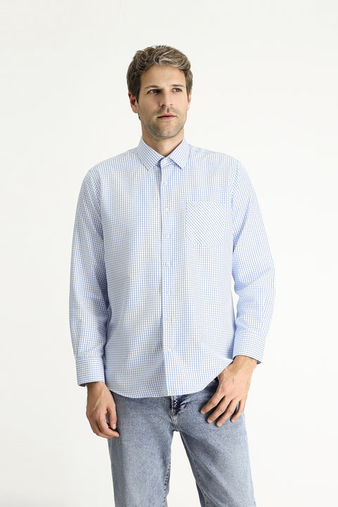 Light Blue Long Sleeve Regular Fit Plaid Cotton Easy-Iron Shirt