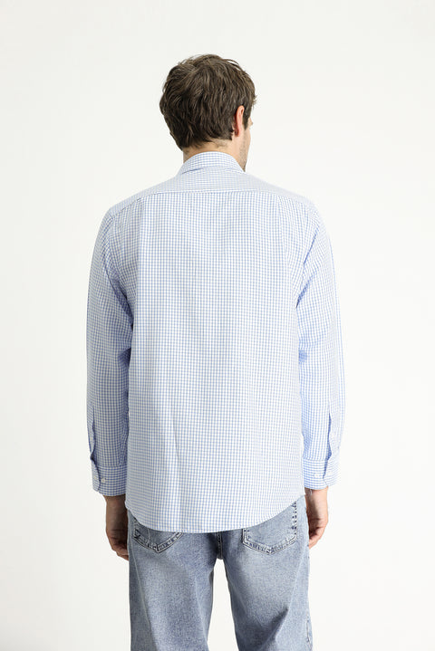 Light Blue Long Sleeve Regular Fit Plaid Cotton Easy-Iron Shirt