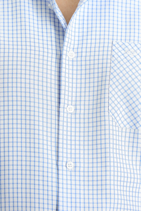 Light Blue Long Sleeve Regular Fit Plaid Cotton Easy-Iron Shirt