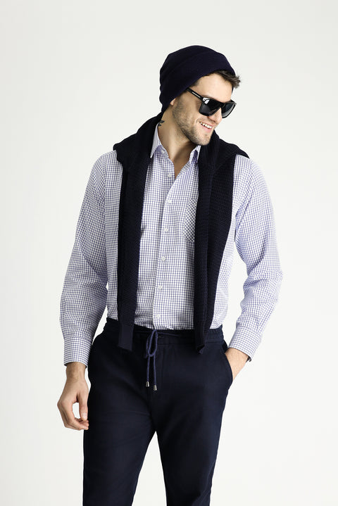 Dark Blue Long Sleeve Regular Fit Plaid Cotton Easy-Iron Shirt