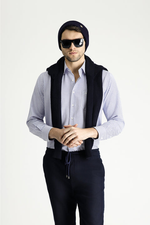 Dark Blue Long Sleeve Regular Fit Plaid Cotton Easy-Iron Shirt