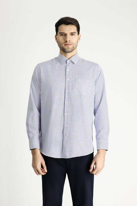 Dark Blue Long Sleeve Regular Fit Plaid Cotton Easy-Iron Shirt