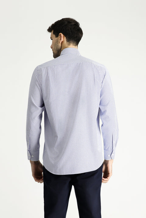 Dark Blue Long Sleeve Regular Fit Plaid Cotton Easy-Iron Shirt