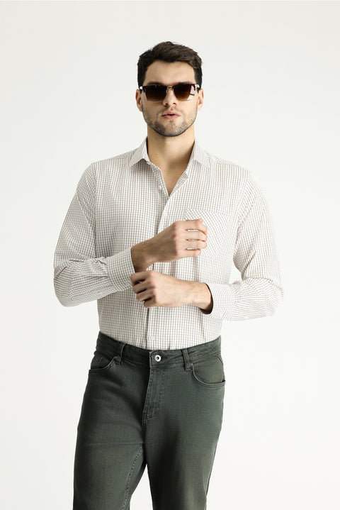 Medium Beige Long Sleeve Regular Fit Plaid Cotton Easy-Iron Shirt