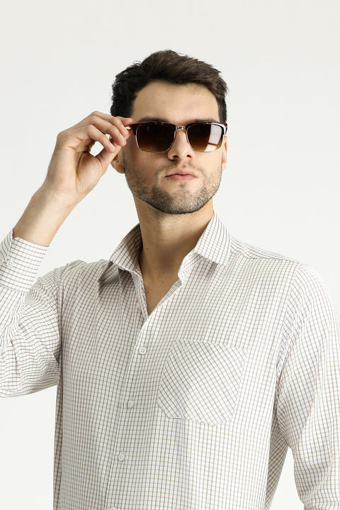Medium Beige Long Sleeve Regular Fit Plaid Cotton Easy-Iron Shirt