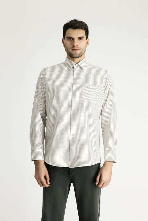 Medium Beige Long Sleeve Regular Fit Plaid Cotton Easy-Iron Shirt