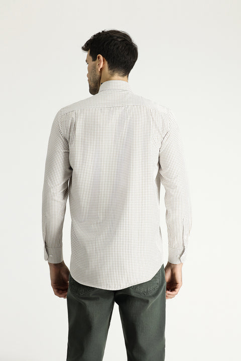 Medium Beige Long Sleeve Regular Fit Plaid Cotton Easy-Iron Shirt