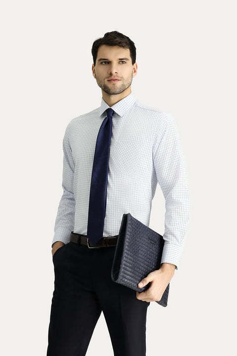 Light Blue Long Sleeve Regular Fit Plaid Cotton Easy-Iron Shirt