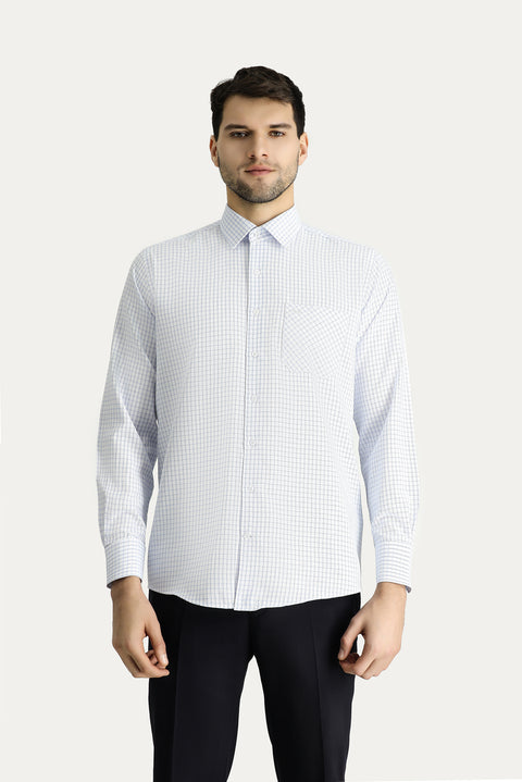 Light Blue Long Sleeve Regular Fit Plaid Cotton Easy-Iron Shirt
