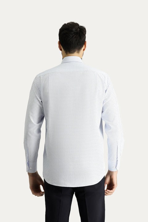 Light Blue Long Sleeve Regular Fit Plaid Cotton Easy-Iron Shirt