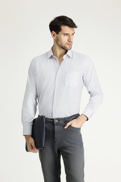 Dark Blue Long Sleeve Regular Fit Plaid Cotton Easy-Iron Shirt
