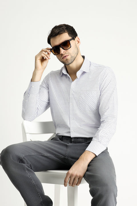Dark Blue Long Sleeve Regular Fit Plaid Cotton Easy-Iron Shirt