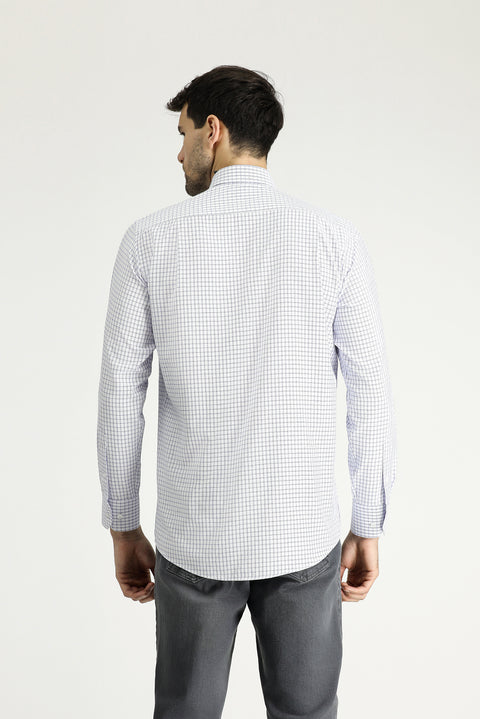 Dark Blue Long Sleeve Regular Fit Plaid Cotton Easy-Iron Shirt