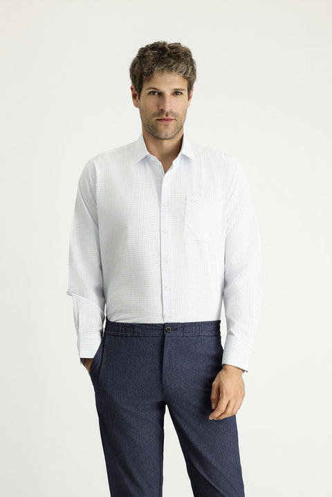 Light Blue Long Sleeve Regular Fit Plaid Cotton Easy-Iron Shirt