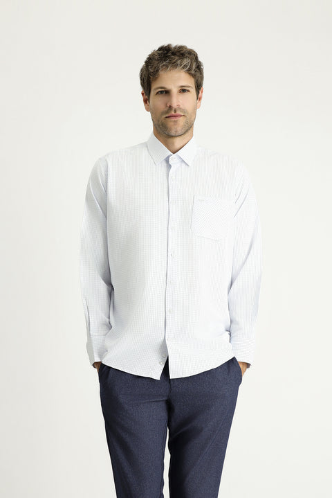 Light Blue Long Sleeve Regular Fit Plaid Cotton Easy-Iron Shirt