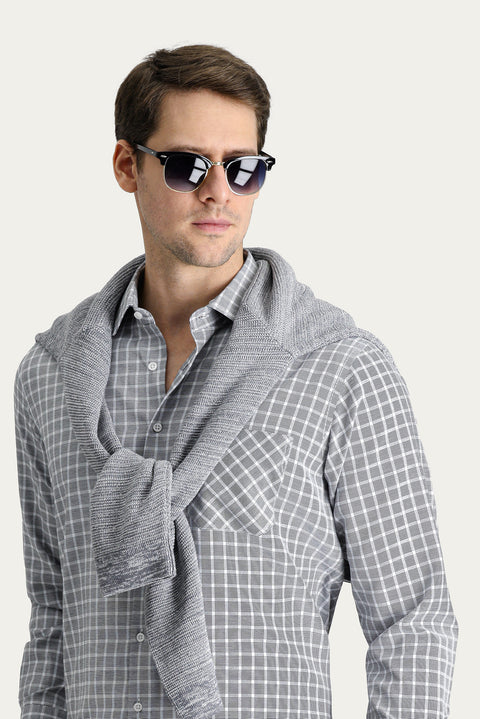Black Long Sleeve Regular Fit Plaid Cotton Easy-Iron Shirt