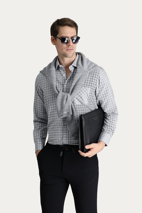 Black Long Sleeve Regular Fit Plaid Cotton Easy-Iron Shirt