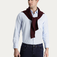 Light Blue Long Sleeve Regular Fit Plaid Cotton Easy-Iron Shirt