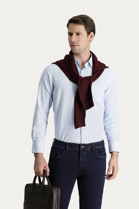 Light Blue Long Sleeve Regular Fit Plaid Cotton Easy-Iron Shirt