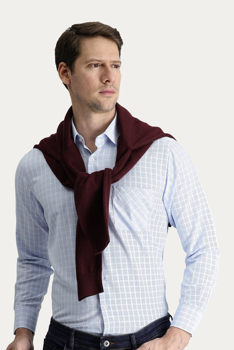 Light Blue Long Sleeve Regular Fit Plaid Cotton Easy-Iron Shirt