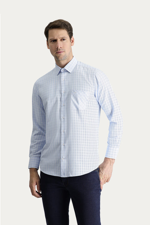 Light Blue Long Sleeve Regular Fit Plaid Cotton Easy-Iron Shirt