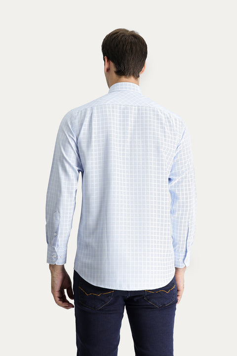Light Blue Long Sleeve Regular Fit Plaid Cotton Easy-Iron Shirt