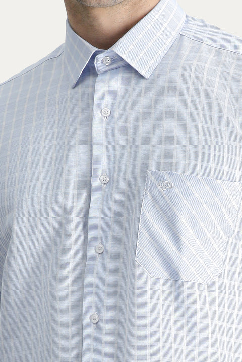 Light Blue Long Sleeve Regular Fit Plaid Cotton Easy-Iron Shirt
