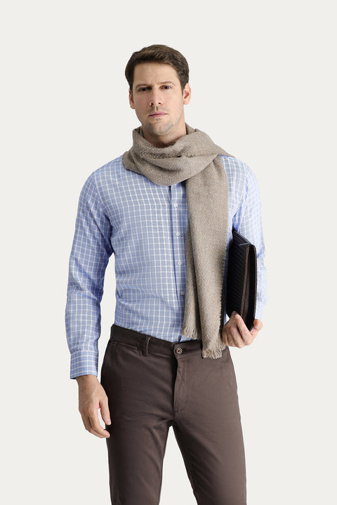 Light Blue Long Sleeve Regular Fit Plaid Cotton Shirt