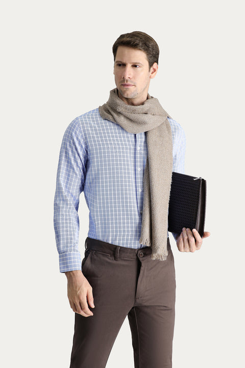 Light Blue Long Sleeve Regular Fit Plaid Cotton Shirt