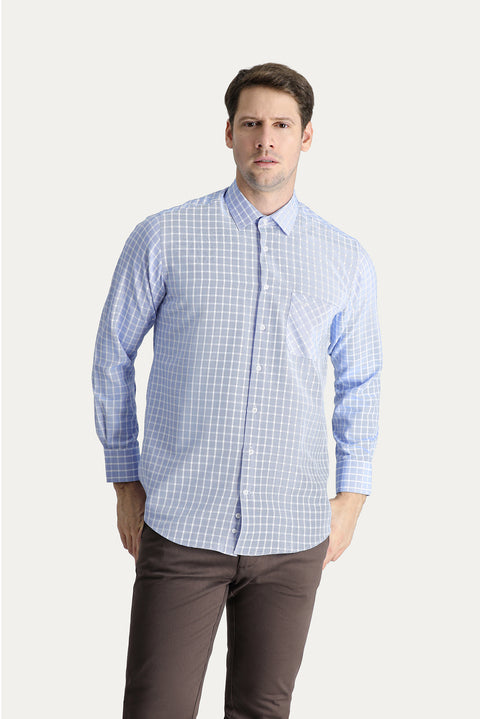 Light Blue Long Sleeve Regular Fit Plaid Cotton Shirt