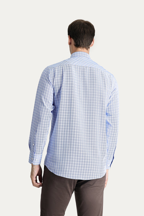 Light Blue Long Sleeve Regular Fit Plaid Cotton Shirt