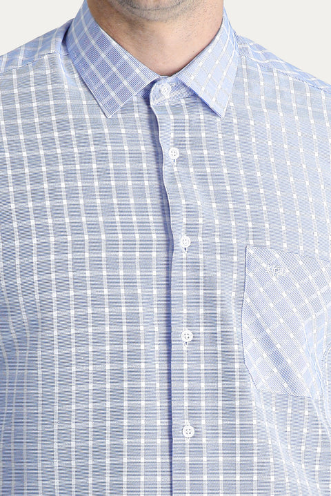 Light Blue Long Sleeve Regular Fit Plaid Cotton Shirt